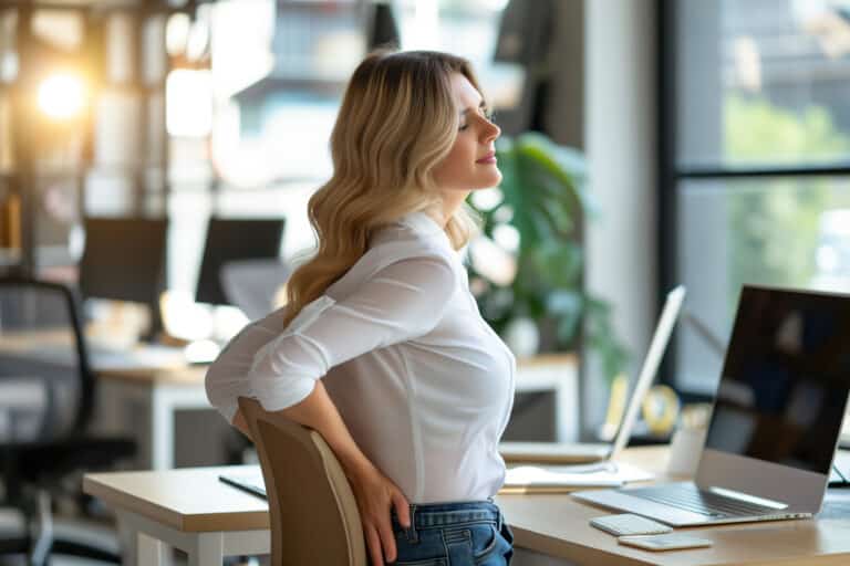 Young businesswoman having severe back pain while working with laptop in office