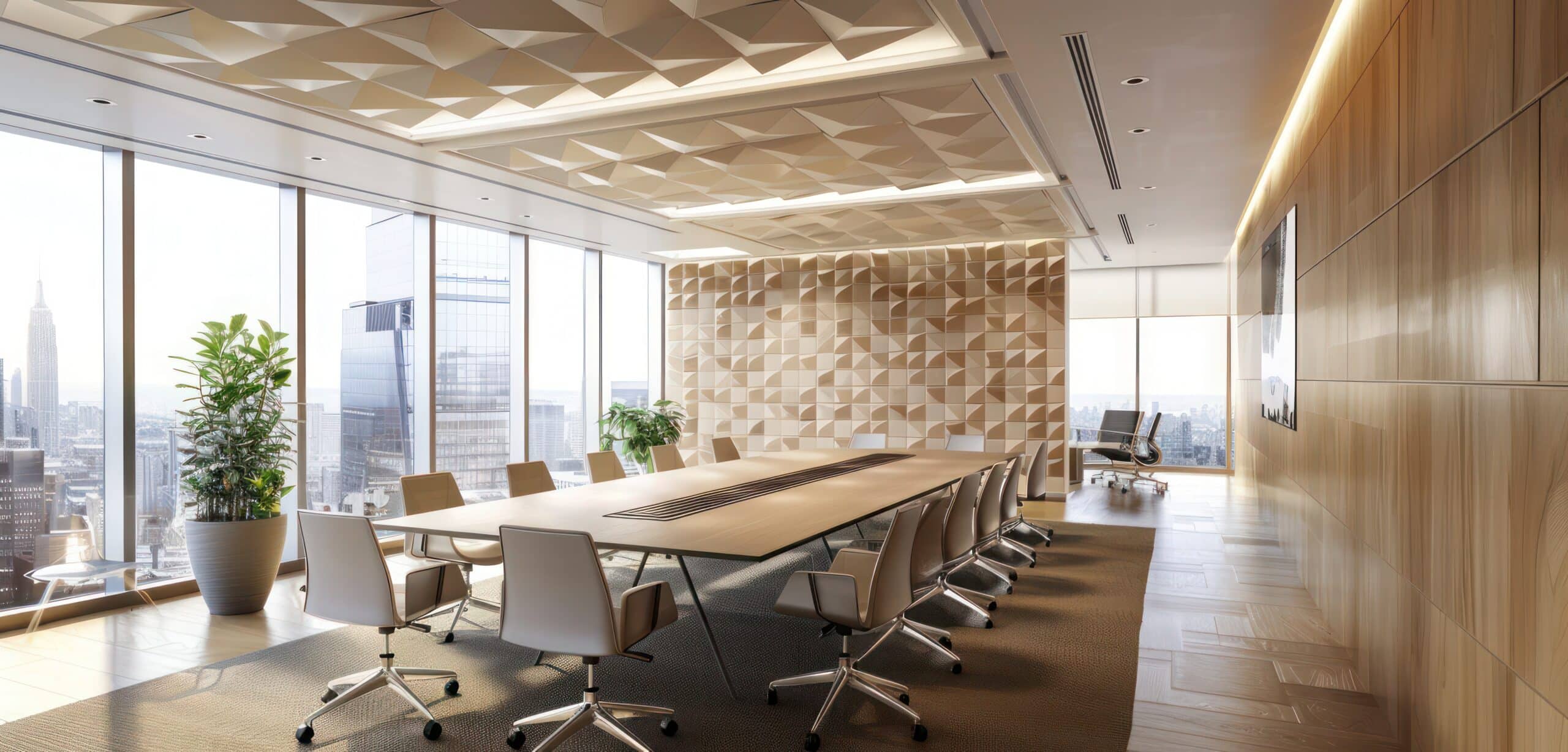 High-performance office with acoustic wall solutions and minimalist styling tailored for a quiet effective workspace